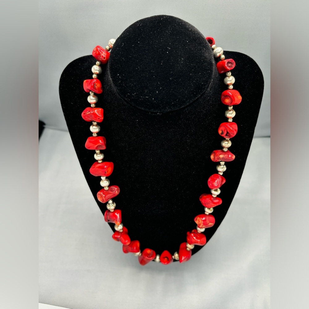 Navajo Silver Beaded Coral Necklace